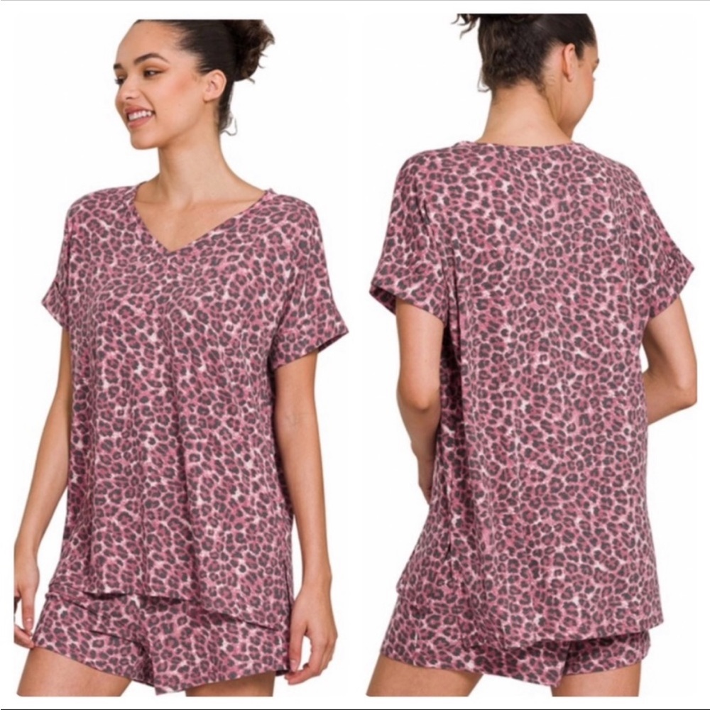 Pink Leopard Print Pajama Set, split hem tee & drawstring elastic waist shorts